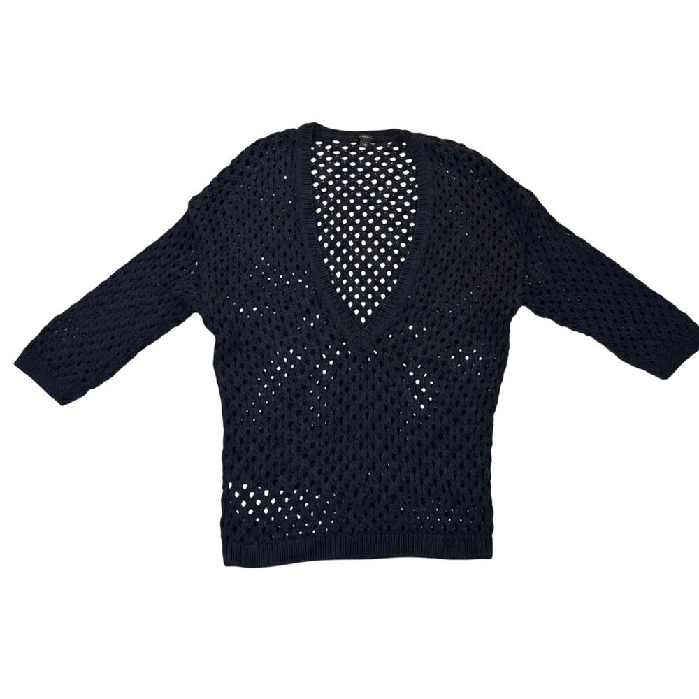 Ann Taylor Women M Navy Crochet Open Knit 100% Cotton V Neck Sweater Coastal Top - Picture 3 of 8